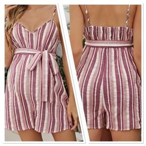 NEW Maternity Striped Shorts Cotton Belted Slip Romper